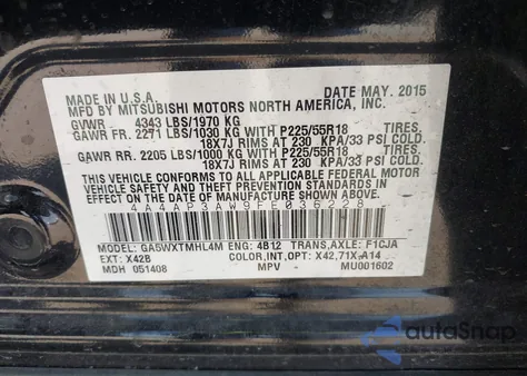 2015 Mitsubishi Outlander Sport Es from USA, damaged, VIN 4A4AP3AW9FE036228